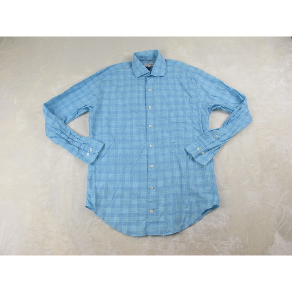 Peter Millar Shirt Mens Medium Blue Button Up Plaid‎ Long Sleeve Cotton Casual